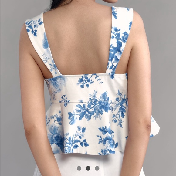 Anthropologie Maeve Square Neck Peplum Tank Top Blue White Pattern Sz L NEW - Picture 2 of 11
